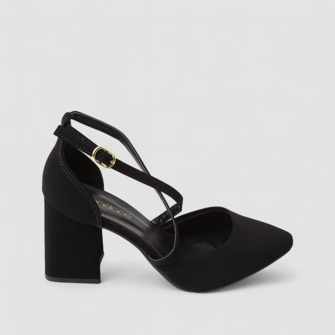 Scarpin Feminino Penélope Salto Bloco Tiras Cruzadas Nobuck Preto