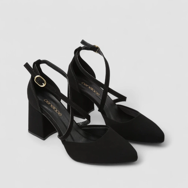 Scarpin Feminino Penélope Salto Bloco Tiras Cruzadas Nobuck Preto