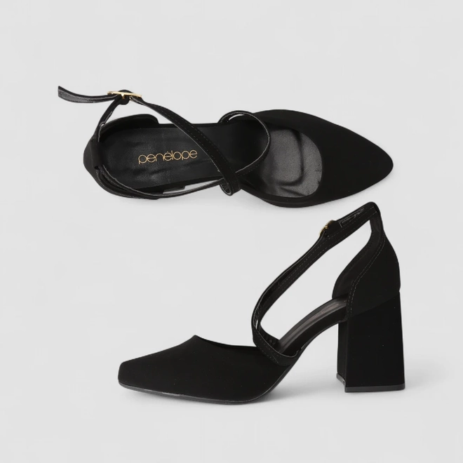 Scarpin Feminino Penélope Salto Bloco Tiras Cruzadas Nobuck Preto