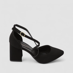 Scarpin Feminino Penélope Salto Bloco Tiras Cruzadas Nobuck Preto