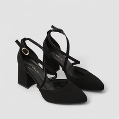 Scarpin Feminino Penélope Salto Bloco Tiras Cruzadas Nobuck Preto