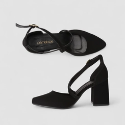 Scarpin Feminino Penélope Salto Bloco Tiras Cruzadas Nobuck Preto
