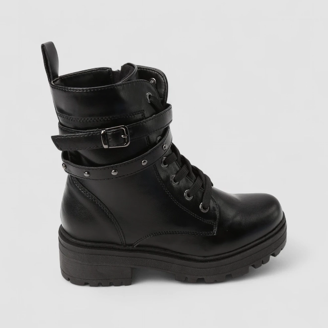 Bota Coturno Feminina Mooncity Fivelas E Cadarço Preta