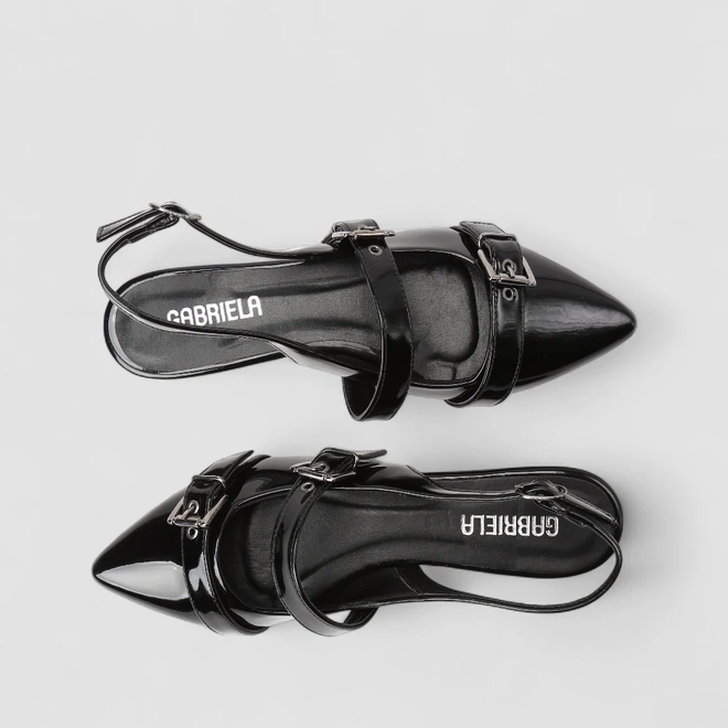 Sapatilha Boneca Slingback Feminina Gabriela Detalhe Fivelas Verniz Preto