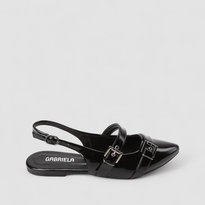 Sapatilha Boneca Slingback Feminina Gabriela Detalhe Fivelas Verniz Preto