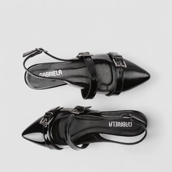 Sapatilha Boneca Slingback Feminina Gabriela Detalhe Fivelas Verniz Preto