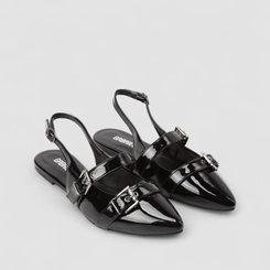 Sapatilha Boneca Slingback Feminina Gabriela Detalhe Fivelas Verniz Preto