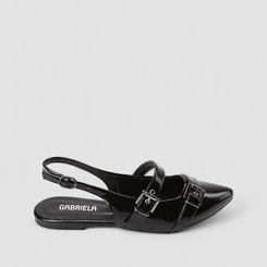 Sapatilha Boneca Slingback Feminina Gabriela Detalhe Fivelas Verniz Preto
