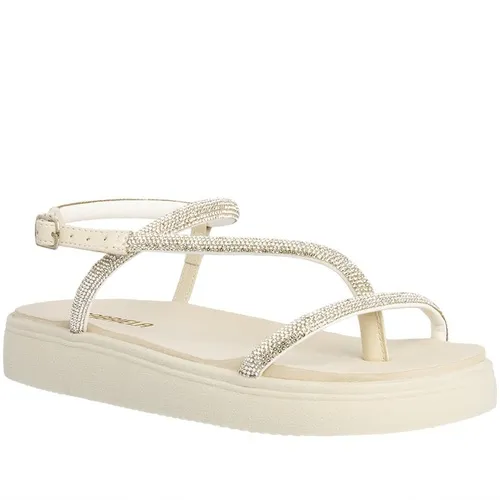 Sandália Papete Gabriela Flatform Tiras Cruzadas Strass Off White