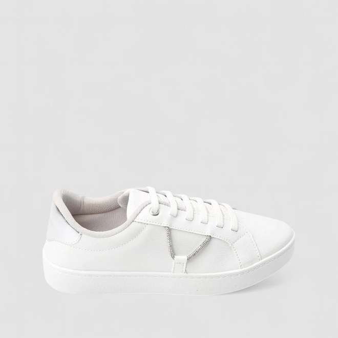 Tênis Penélope Casual Feminino Aplicação Cordão Strass Elástico Branco