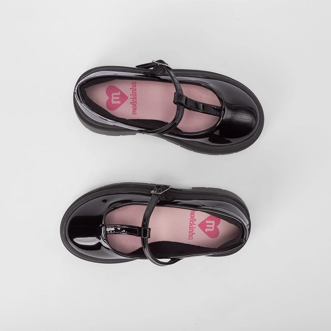 Sapatilha Boneca Infantil Molekinha Plataforma Tratorada Fivela Verniz Preto