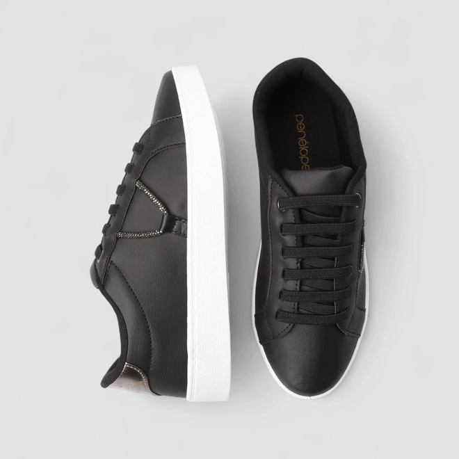 Tênis Penélope Casual Feminino Aplicação Cordão Strass Elástico Preto