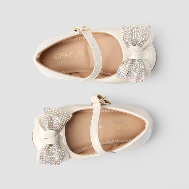 Sapatilha Boneca Infantil Gabrielinha Laço Strass Holográfico Verniz Off White