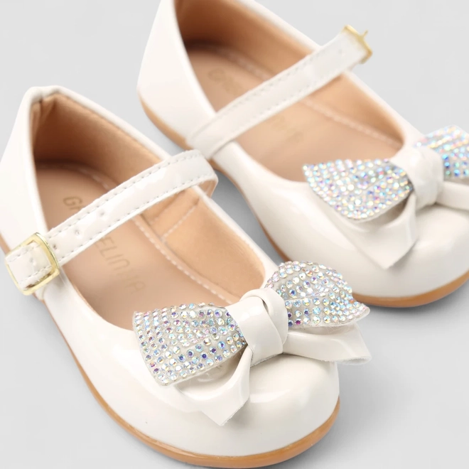 Sapatilha Boneca Infantil Gabrielinha Laço Strass Holográfico Verniz Off White