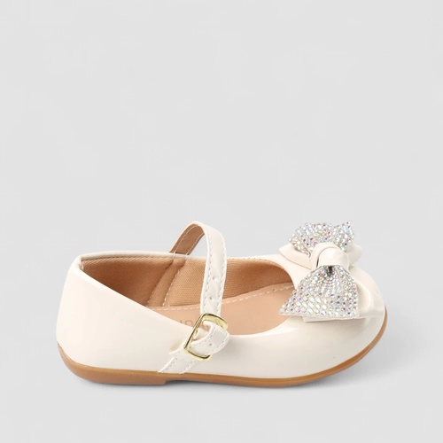 Sapatilha Boneca Infantil Gabrielinha Laço Strass Holográfico Verniz Off White