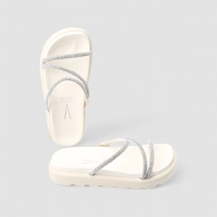 Tamanco Papete Vizzano Flatform Tratorada Tiras Triplas Strass Branco