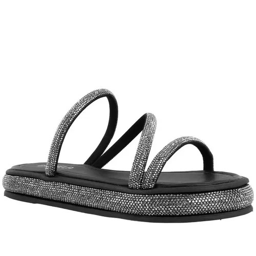 Tamanco Papete Gabriela Flatform Strass Tira Tripla Preto