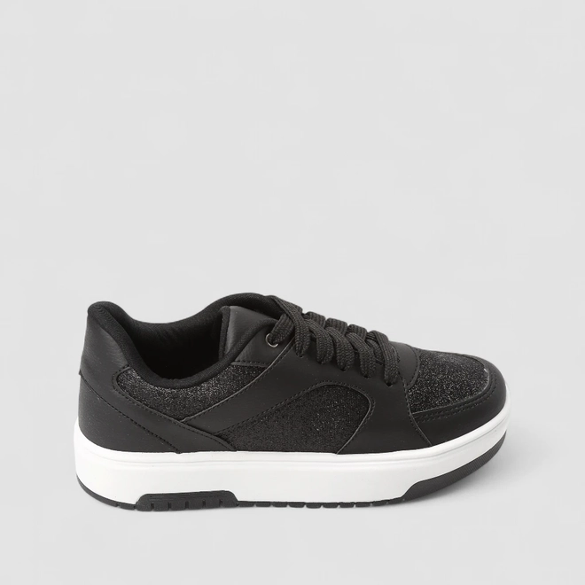 Tênis Casual Feminino Gabriela Flatform Recortes Glitter Preto