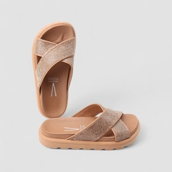 Tamanco Papete Vizzano Flatform Tratorado Tiras Cruzadas Strass Nude