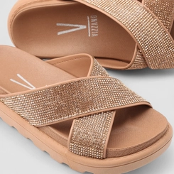 Tamanco Papete Vizzano Flatform Tratorado Tiras Cruzadas Strass Nude