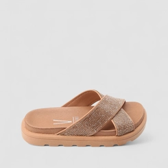 Tamanco Papete Vizzano Flatform Tratorado Tiras Cruzadas Strass Nude