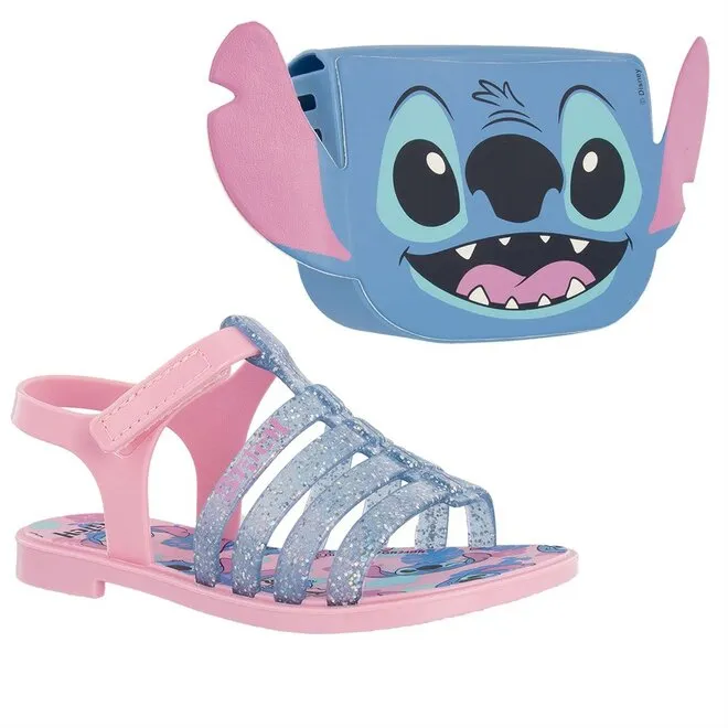 Sandália Aranha Infantil Stitch Disney & Bolsa Clutch Tiracolo Glitter Rosa