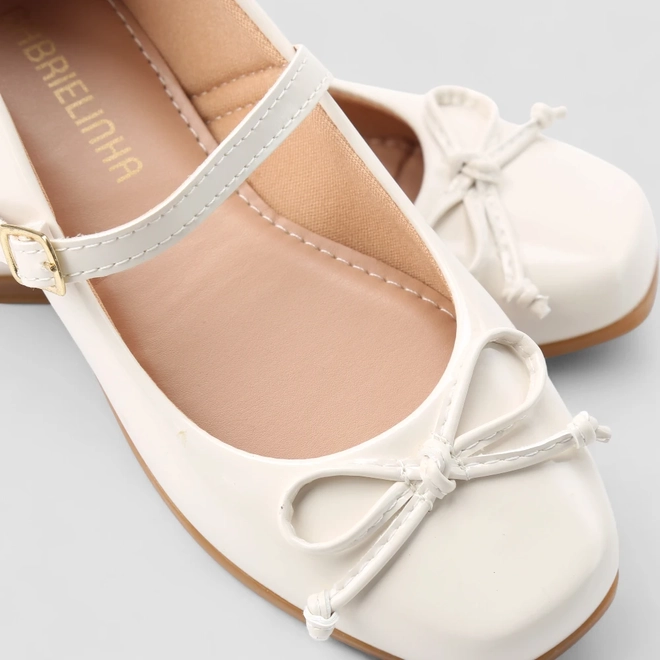 Sapatilha Boneca Infantil Gabrielinha Detalhe Laço Verniz Off White