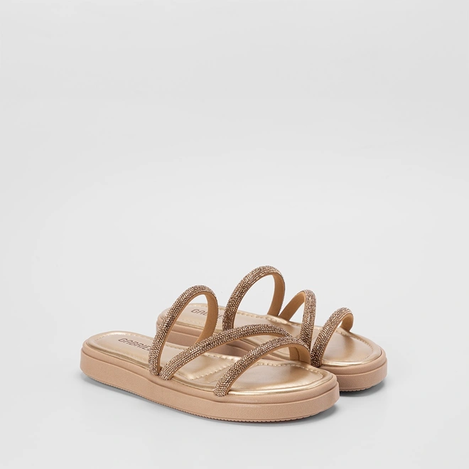 Rasteira Papete Feminina Gabriela Flatform Tiras Strass Ouro