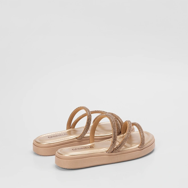 Rasteira Papete Feminina Gabriela Flatform Tiras Strass Ouro