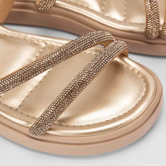 Rasteira Papete Feminina Gabriela Flatform Tiras Strass Ouro