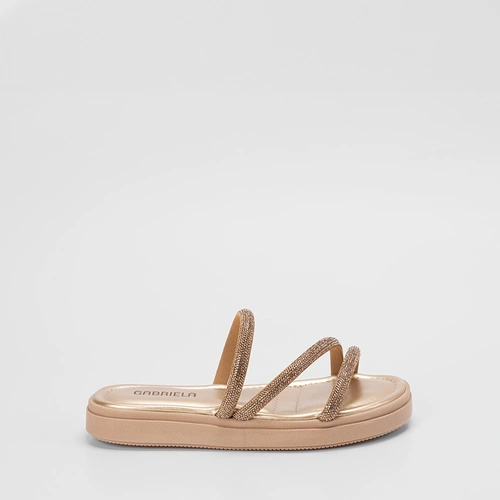 Rasteira Papete Feminina Gabriela Flatform Tiras Strass Ouro