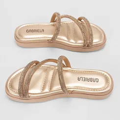 Rasteira Papete Feminina Gabriela Flatform Tiras Strass Ouro