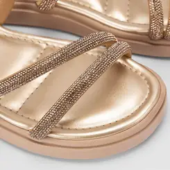 Rasteira Papete Feminina Gabriela Flatform Tiras Strass Ouro