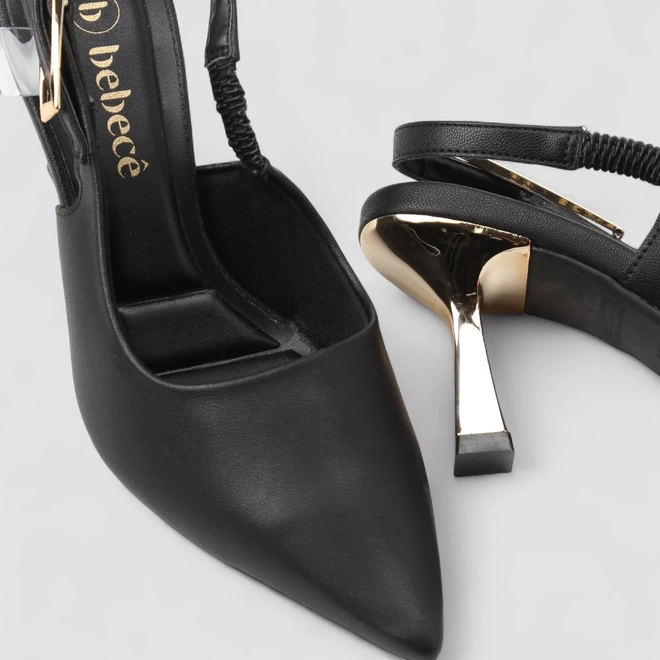 Scarpin Slingback Bebecê Salto Taça Fivela Metalizada Preto