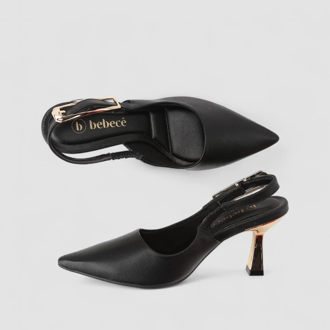 Scarpin Slingback Bebecê Salto Taça Fivela Metalizada Preto