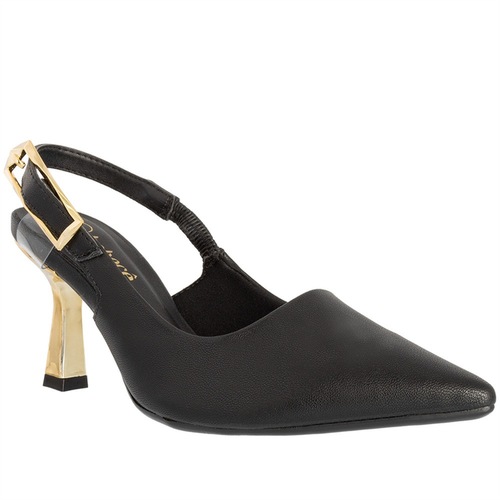 Scarpin Slingback Bebecê Salto Taça Fivela Metalizada Preto