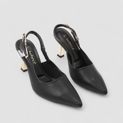 Scarpin Slingback Bebecê Salto Taça Fivela Metalizada Preto