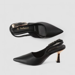 Scarpin Slingback Bebecê Salto Taça Fivela Metalizada Preto