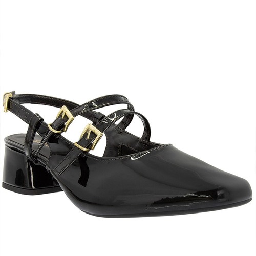 Scarpin Slingback Gabriela Salto Geométrico Fivelas Verniz Preto