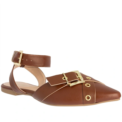 Sapatilha Slingback Gabriela Tiras Cruzadas Rebites Fivela Marrom