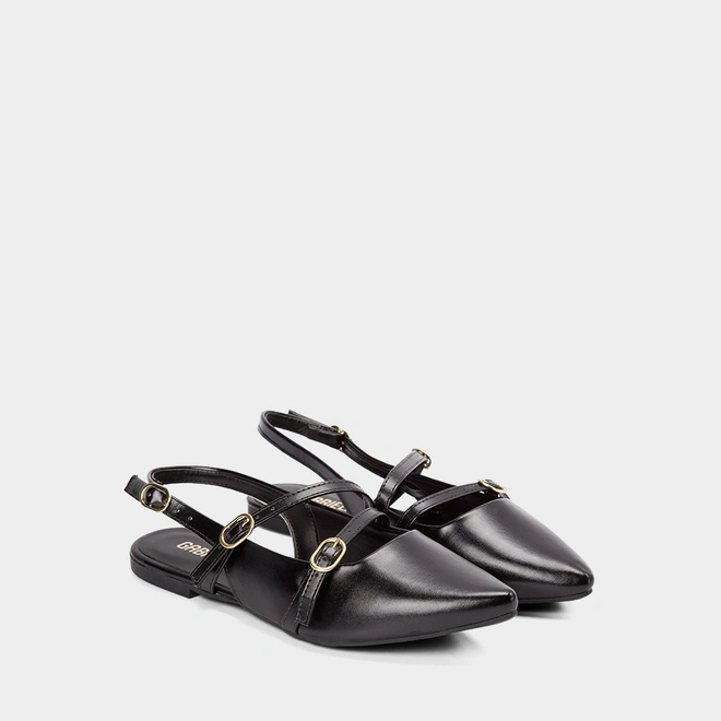 Sapatilha Boneca Slingback Feminina Gabriela Tiras Slim Fivelas Preto