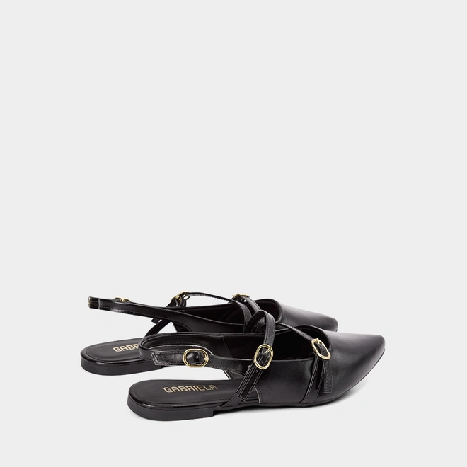 Sapatilha Boneca Slingback Feminina Gabriela Tiras Slim Fivelas Preto