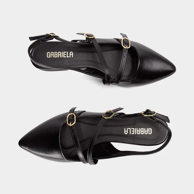 Sapatilha Boneca Slingback Feminina Gabriela Tiras Slim Fivelas Preto