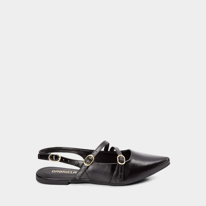 Sapatilha Boneca Slingback Feminina Gabriela Tiras Slim Fivelas Preto