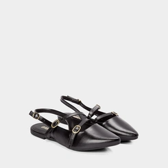 Sapatilha Boneca Slingback Feminina Gabriela Tiras Slim Fivelas Preto