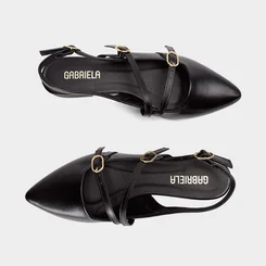 Sapatilha Boneca Slingback Feminina Gabriela Tiras Slim Fivelas Preto