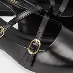 Sapatilha Boneca Slingback Feminina Gabriela Tiras Slim Fivelas Preto