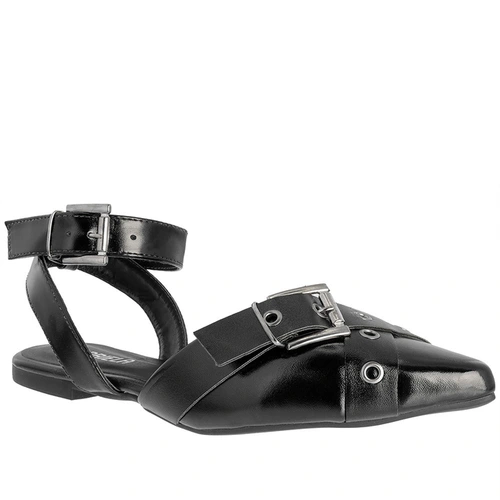 Sapatilha Slingback Gabriela Tiras Cruzadas Rebites Fivela Verniz Preto