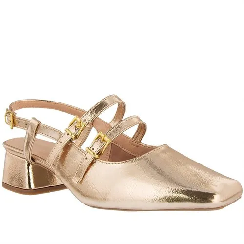 Scarpin Slingback Gabriela Salto Geométrico Fivelas Metalizado Dourado