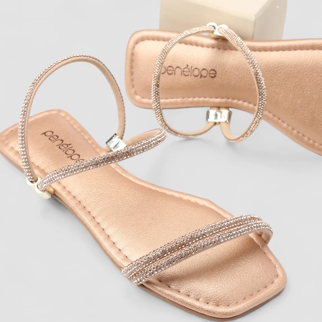 Sandália Rasteira Penélope Tiras Strass Cobre